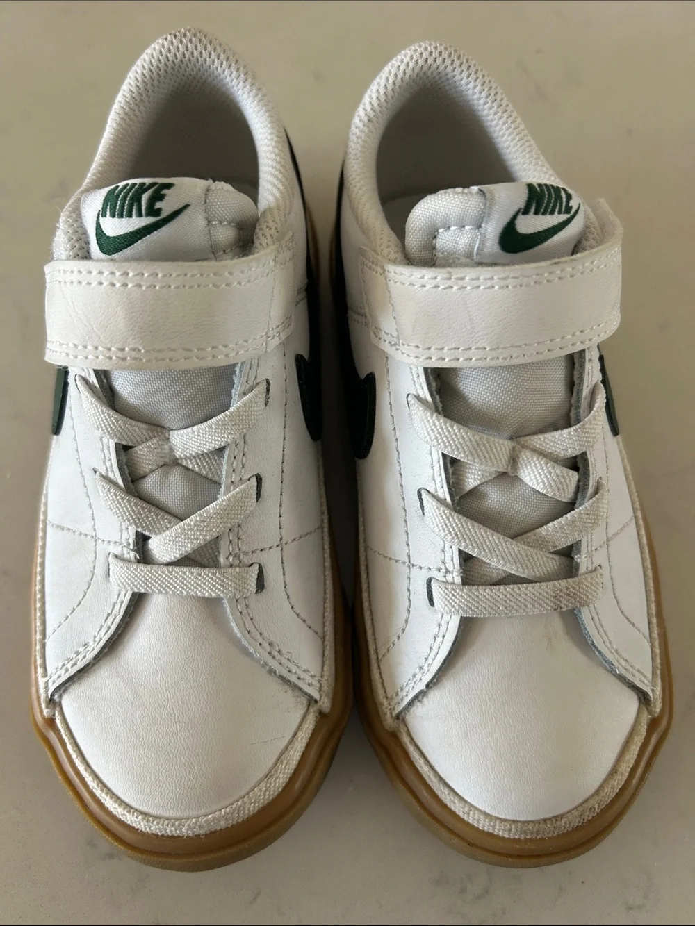 Nike Kids White Sneakers with Green Swoosh and Gum Sole